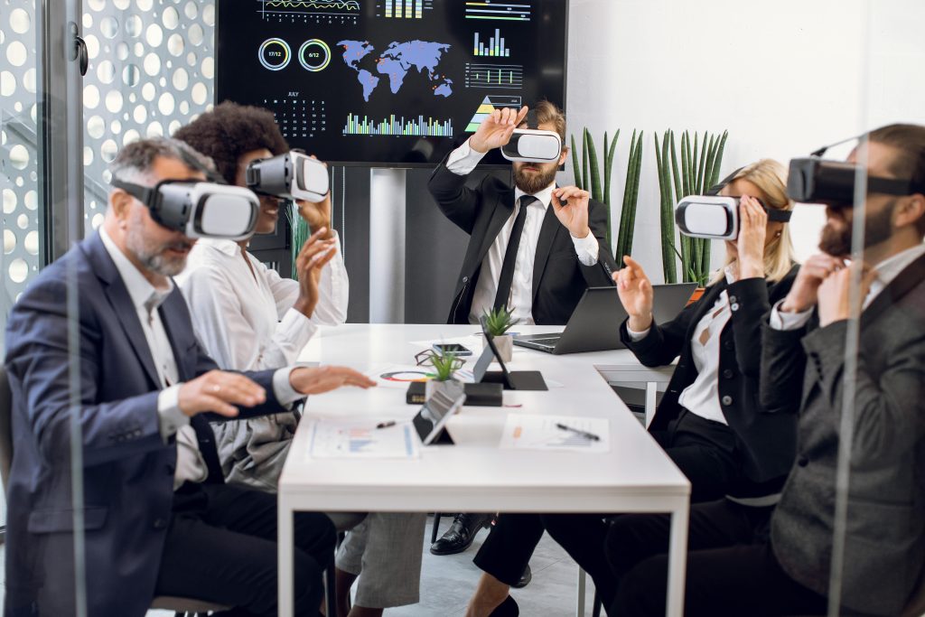 A corporate business meeting with VR headsets
